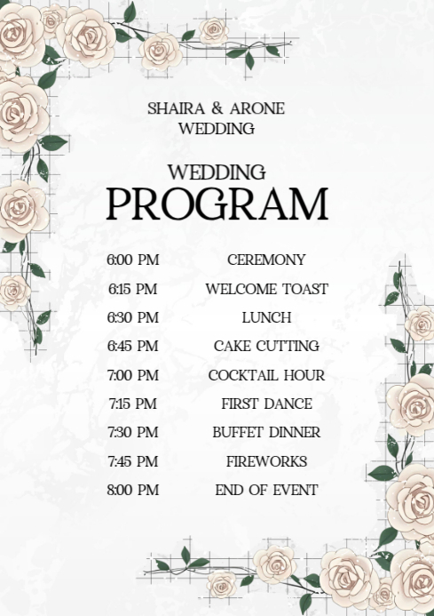 White Floral Wedding Program Template | PosterMyWall