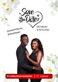 White Floral Wedding Save the Date A4 template