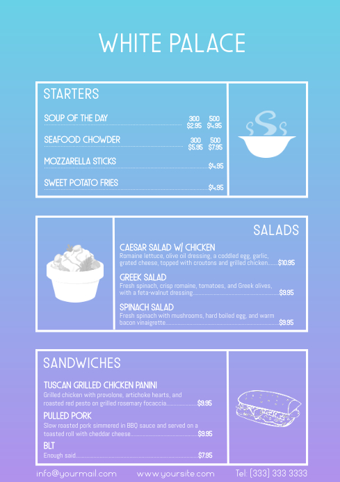White font simple 3 course menu Template | PosterMyWall
