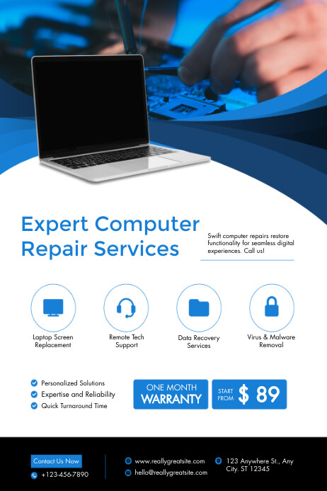 Copy of White Geometric Blue Computer Repair Poster | PosterMyWall