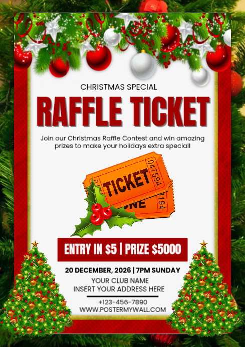 White Geometric Christmas Raffle Ticket Contest A4 Template | PosterMyWall