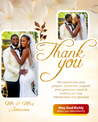 White Golden Floral Wedding Thank You for attending personalised message note cards with photo edita Instagram Portrait template