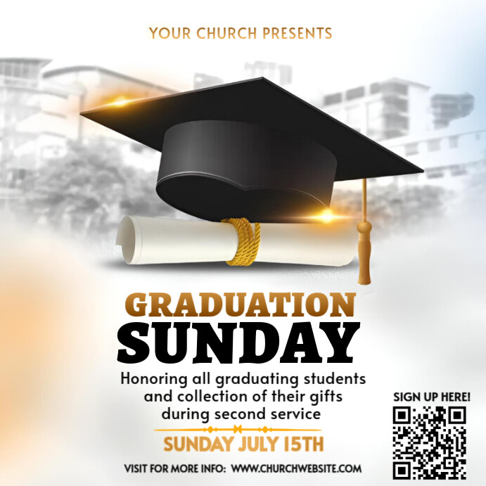 White Graduation Sunday Church Flyer – Elegant Black & Gold Cap And ...