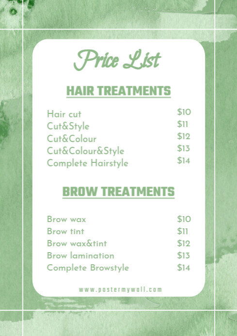 White green List-based Price List Hair & Brow Treatments A4 template