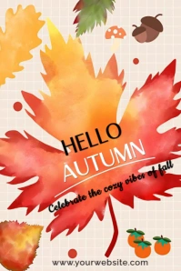 White  Hello Autumn - Fall Season Poster | Watercolor Leaf Wall Art Poster template