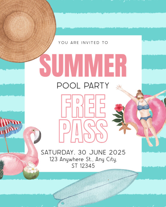 White Illustration Summer Pool Party Invitation Instagram Portrait template
