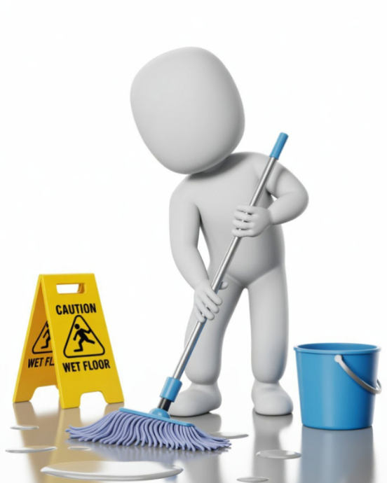 White Illustrative 3d Janitor Mopping Wet Floor With Caution Sign ...