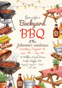 White Illustrative Backyard BBQ Invitation A4 template