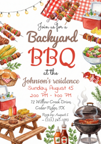 White Illustrative Backyard BBQ Invitation A4 template