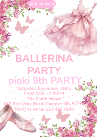 White Illustrative Ballerina  Party Invitation A6 template