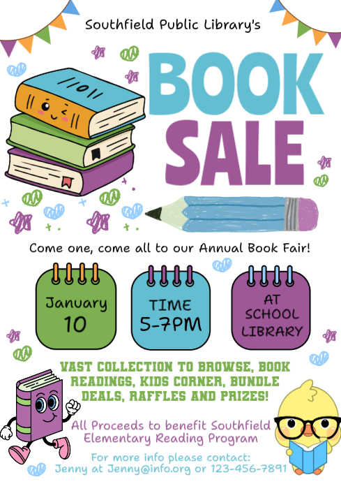 Copy of White Illustrative Book Sale Flyer School Library Book Fair ...