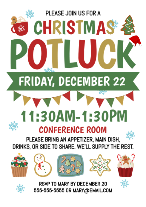 White Illustrative Christmas Potluck Invitation A4 Template | PosterMyWall
