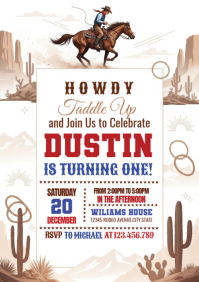 White Illustrative Cowboy Birthday Invitation A4 template