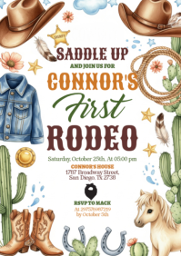 White Illustrative Cowboy Birthday Invitation A2 template