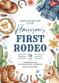 White Illustrative Cowboy Birthday Invitation A4 template