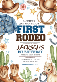 White Illustrative Cowboy Birthday Invitation A2 template