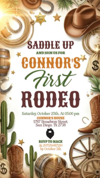 White Illustrative Cowboy Birthday Invitation Digital Display (9:16) template