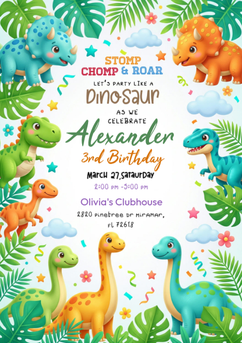 White Illustrative Dinosaur Birthday Party Invitation A4 Template ...