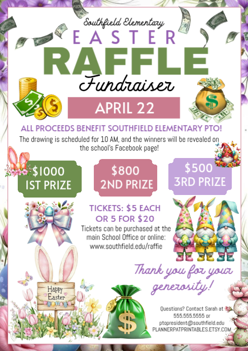 Free Easter Raffle Graphics white illustrative easter raffle fundraiser pto event a4 Template ...