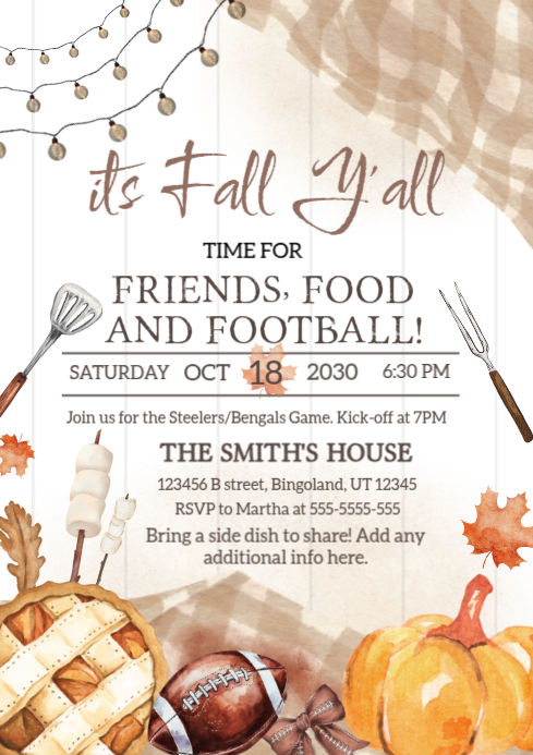 White Illustrative Fall Football Party Invitation A4 Template ...