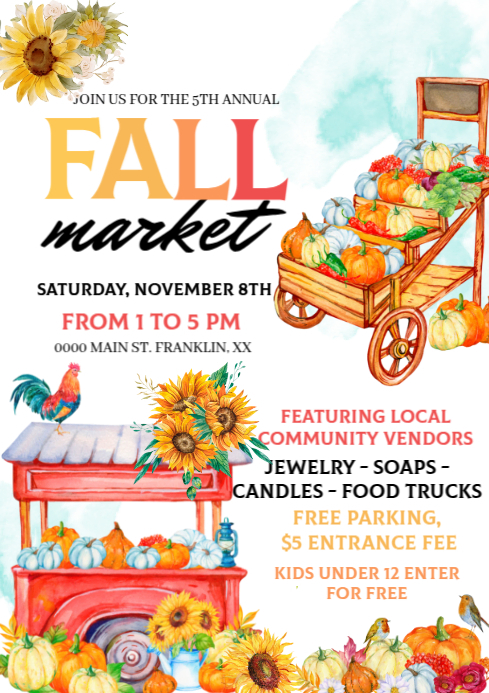 White Illustrative Fall Market A4 Template | PosterMyWall