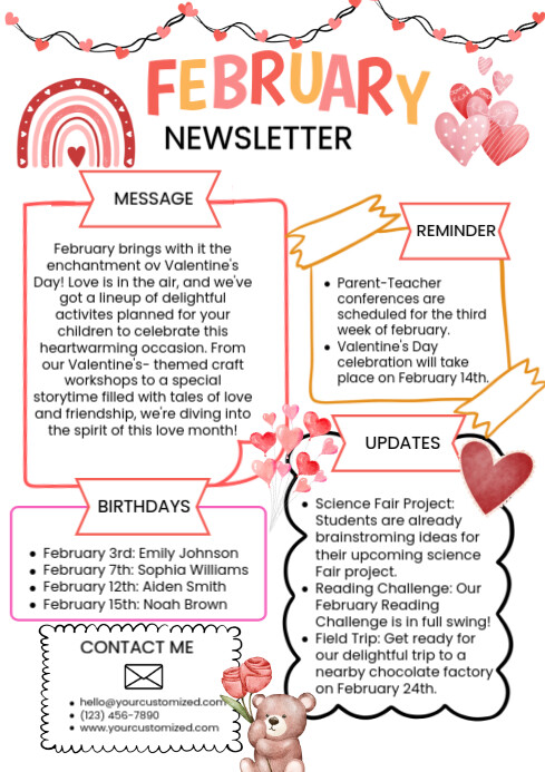 White Illustrative February Newsletter A4 template