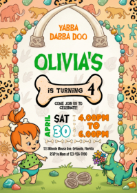 White Illustrative Flintstones Birthday Party A6 template