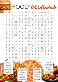 White Illustrative Food Word Search Puzzle Printable A4 template