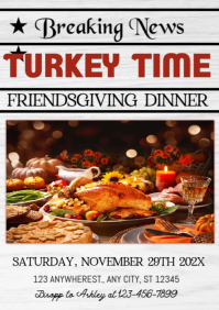 White Illustrative Friendsgiving Dinner Turkey Time Newspaper Ad A4 template