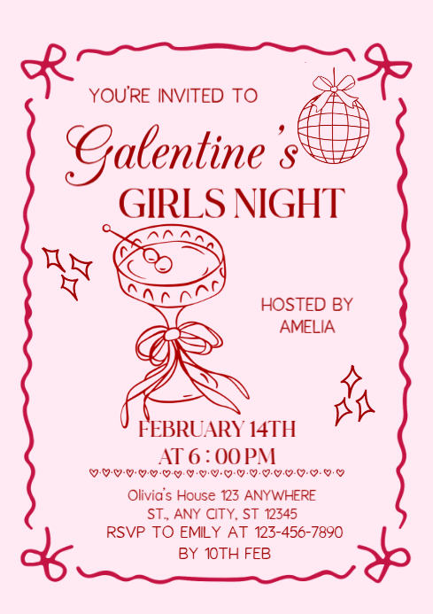 White Illustrative Galentine’s Girls Night Invitation A4 Template ...