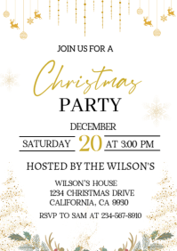 White Illustrative Gold Christmas Party Invitation Design Template  A4