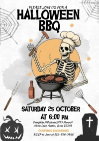 White Illustrative Halloween Bbq Party Invitation A4 template