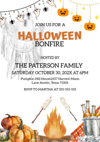 White Illustrative Halloween Bonfire Invite A4 template