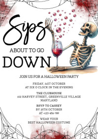 White Illustrative Halloween Party Invitation A6 Template | PosterMyWall