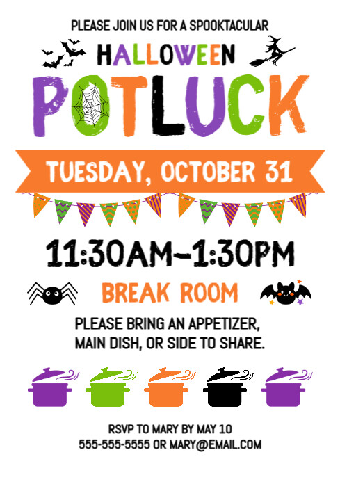 White Illustrative Halloween Potluck Party Invitation  A4 template