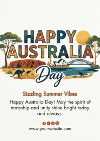 White Illustrative Happy Australia Day A6 template