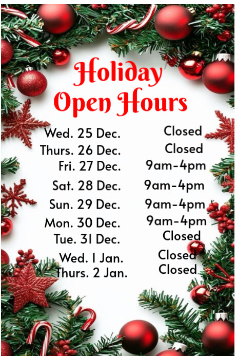 White Illustrative Holiday Open Hours Template Poster | PosterMyWall