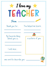 White Illustrative I Love My Teacher  A4 template