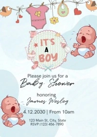 White Illustrative It’s A Boy!  Celebration Invitation Poster A6 template