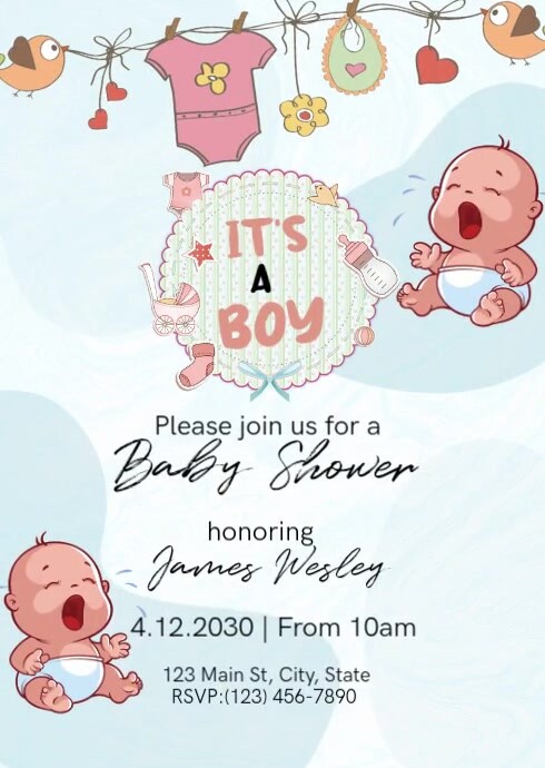 White Illustrative It’s A Boy!  Celebration Invitation Poster A6 template