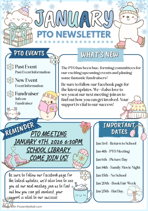White Illustrative January Pto Newsletter A4 Template | PosterMyWall