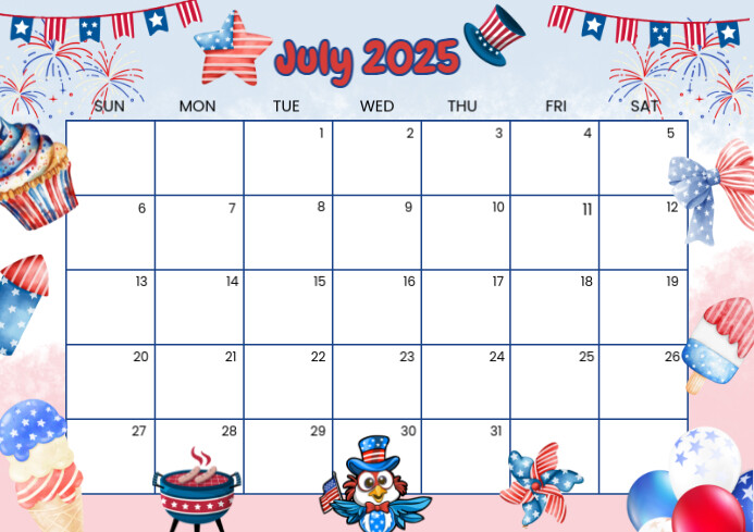White Illustrative July 2025 Calendar  A4 template