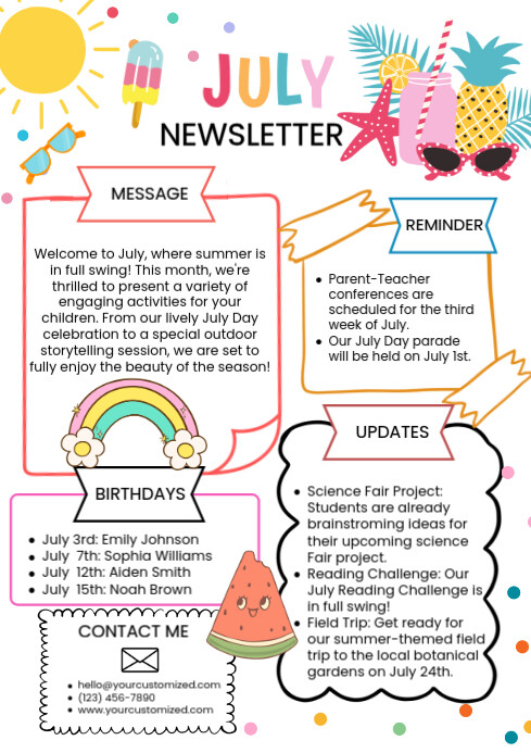 White Illustrative July Newsletter A4 template