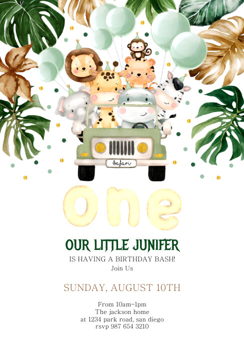 Bday Inv Copy of White Illustrative Jungle First Birthday Inv | PosterMyWall