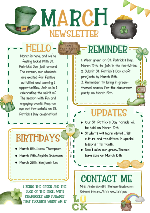 White Illustrative March Pto Newsletter A4 Template | PosterMyWall