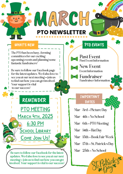 White Illustrative March Pto Newsletter A4 Template | PosterMyWall