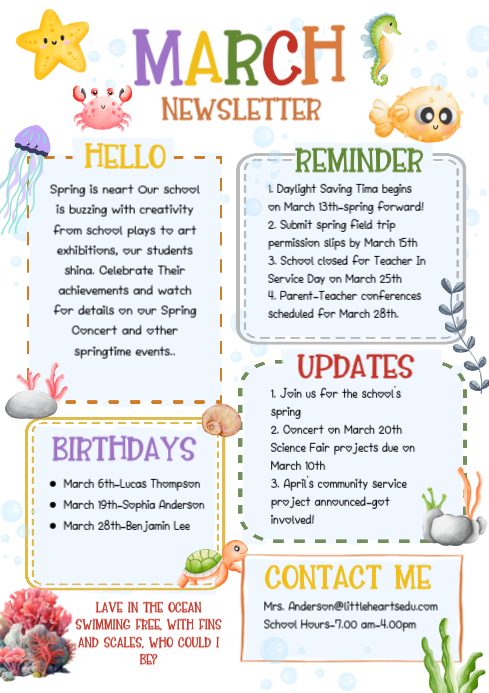 White Illustrative March Pto Newsletter A4 Template | PosterMyWall