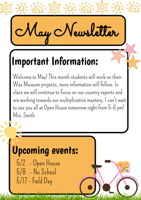 White Illustrative May Newsletter A4 template
