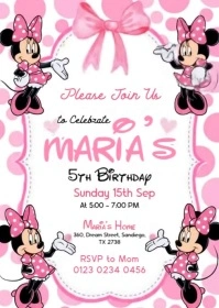 White Illustrative Minnie Mouse Themed Kids Bithday Invitation A6 template
