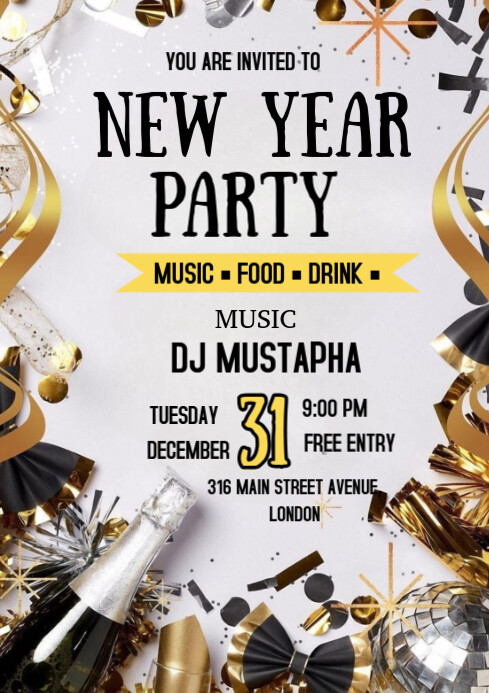 White Illustrative New Year Party Invitation Flyer A4 Template ...